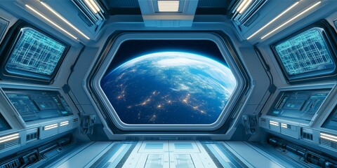 Inside a sleek spaceship, large windows showcase a stunning view of Earth, illuminated by city lights against a dark sky.