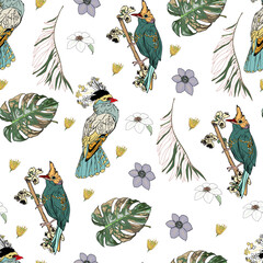 Vector seamless illustration of paradise and tropical birds in colors and jungle. Exotic birds pattern for printing on fabric, blanks for designers, banner, bed