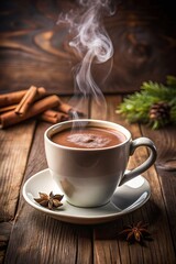 Hot chocolate with whipped cream and golden edible glitter in a transparent cup. Blurred background.