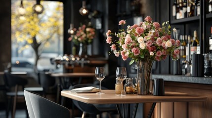 Design of a luxury bar, complete with tables, chairs, and flowers.