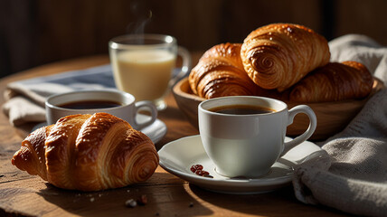 A Cozy Morning Scene With A Buttery Croissant, Jam, And A Steaming Cup Of Coffee, All On A Rustic Table, Food Image