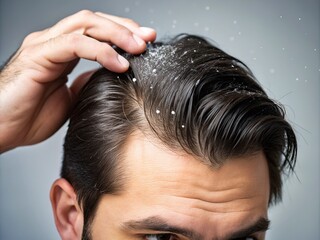 Naklejka premium CLOSEUP OF MALE HAND EXAMINING SCALP ON LIGHT GREY BACKGROUND, REVEALING WHITE FLAKES OF DANDRUFF AMIDST DARK HAIR, ILLUSTRATING COMMON SKIN CONCERN.