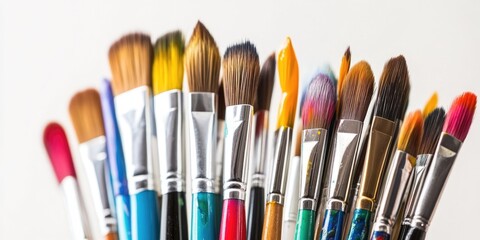 Paint Brushes Holder. Set of Acrylic Art Brushes in Accessory Holder on White Background