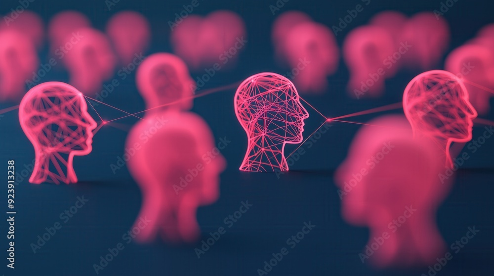 Poster abstract representation of connected human heads illustrating communication and network concepts in 