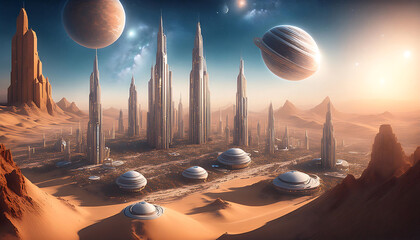  Cosmic Cityscape- A futuristic cityscape on a sandy planet, with towering structures an_1(173)