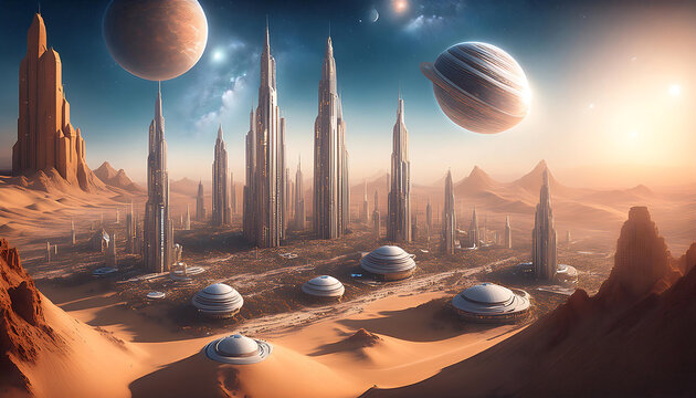  Cosmic Cityscape- A futuristic cityscape on a sandy planet, with towering structures an_1(173)