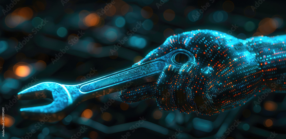 Aufkleber robotic hand holding a wrench surrounded by futuristic technology lights and circuitry. concepts of 