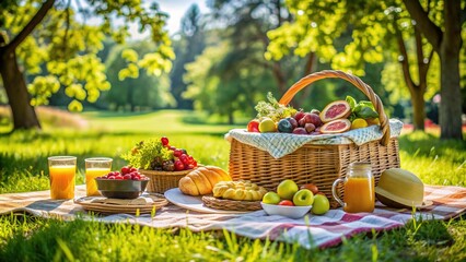Vibrant picnic spread on a duvet mat in a lush green summer park, featuring a wicker basket, fresh fruit, and delicious food on a sunny day.