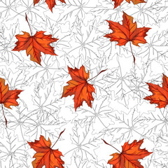 Fototapeta premium Autumn seamless pattern with colourful autumn leaves. Vector repeat pattern for textile design, wallpaper, background.