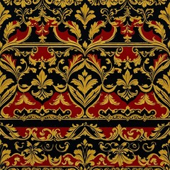 A decorative wallpaper featuring intricate gold and red patterns