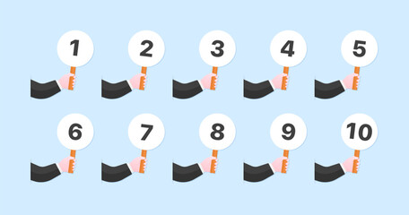 Rating from 1 to 10 set icons. Plate in hand icons. Flat style. Vector icons.