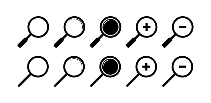 Magnifier set icons. Linear and silhouette style. Vector icons.