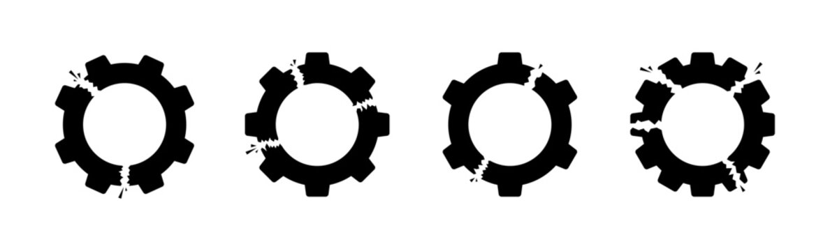 Broken Gear Set Icons. Silhouette style. Vector icons.
