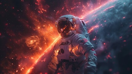Fototapeta premium Astronaut bathed in orange light, navigating the cosmos amidst colorful nebulae and twinkling stars.