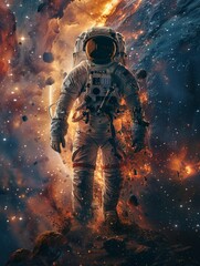 Astronaut bathed in orange light, navigating the cosmos amidst colorful nebulae and twinkling stars.
