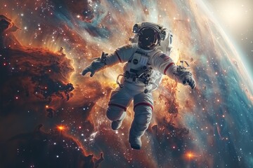 Fototapeta premium Astronaut bathed in orange light, navigating the cosmos amidst colorful nebulae and twinkling stars.