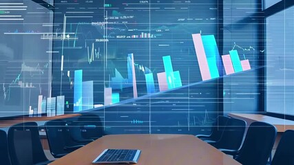 Financial charts overlay in a modern empty conference room - Powered by Adobe
