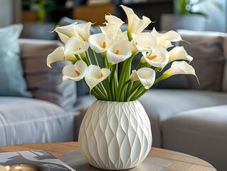 Striking Art Deco Style Vase Showcasing Bold Calla Lily Floral Arrangement in Luxurious Penthouse Setting