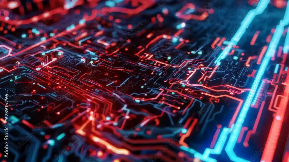 Poster High-tech circuit board animation with glowing red and blue lines