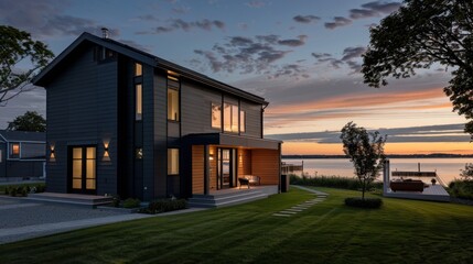 Modern Waterfront Home at Sunset