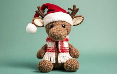 wearing a Santa hat and white scarf with a red plaid pattern.