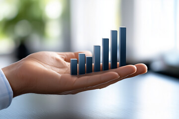 A bar chart dark blue floating on top of a hand. Hand on side. With background office environment blur