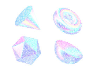 3d shape with noise gradient effect. Halftone gradation figure. Y2k holographic element gritty grain texture. Cone, torus, platonic, hemisphere geometry. Stipple vector illustration of colored dots.