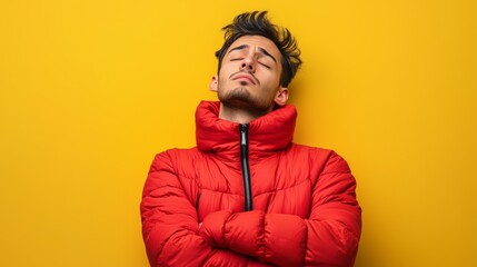 Fototapeta premium A man stands with his arms crossed, displaying a tired and sleepy expression in front of a vibrant yellow wall.