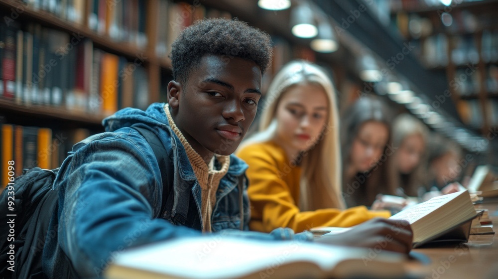 Poster a diverse group of students immersed in their studies, surrounded by shelves filled with books, crea
