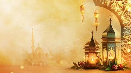 Golden Lanterns and a Mosque Silhouette Against a Soft Yellow Background