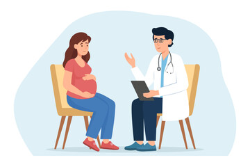 Pregnant woman at consultation with doctor. Woman and the doctor are talking in the office.Monitoring pregnancy and healthy.Vector illustration