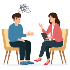 Fototapeta premium Psychology therapy counseling. Psychologist talking with patient. Man with stress, depression or mental problem.Vector illustration.