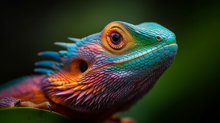 Obraz premium A colorful parrot dragon displays its vivid scales while resting on a leaf in a lush environment.
