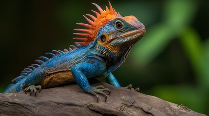 Obraz premium A vibrant lizard with bright blue and orange scales stands on a rock, showcasing its unique features in a tropical setting.