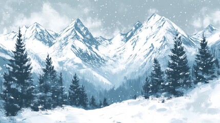 Obraz premium cartoon illustration snowy mountain landscape pine trees design splash loosely cropped princess banner holiday vibe grass russia