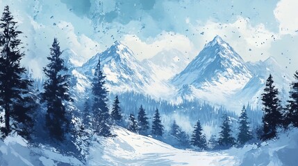 Obraz premium cartoon illustration snowy mountain landscape pine trees design splash loosely cropped princess banner holiday vibe grass russia