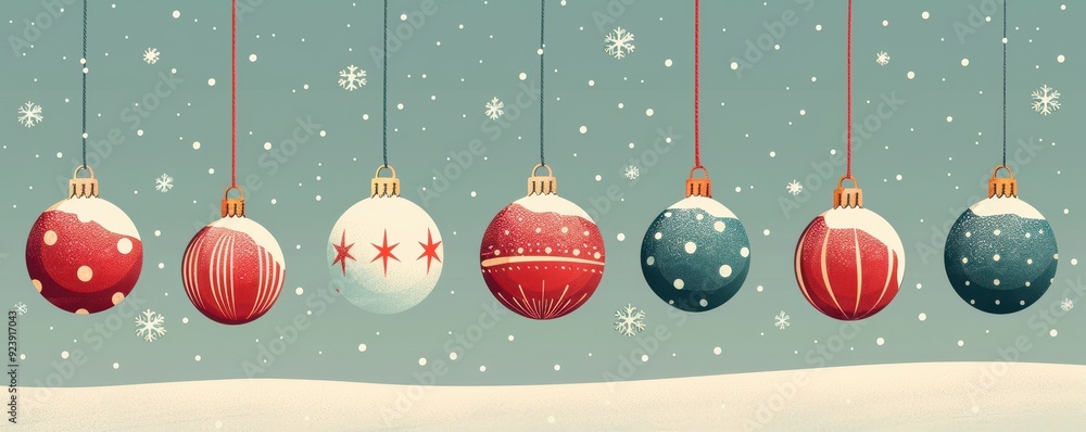 Poster minimal christmas ornaments in cartoon style, hanging in a neat row with clean lines on a simple bac