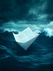 A small paper boat bobs in the turbulent sea, surrounded by dark storm clouds.