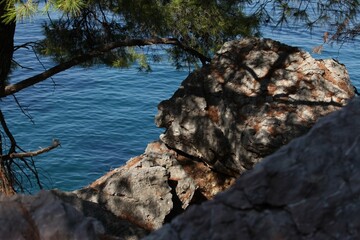 Rock and blue sea background, landscape