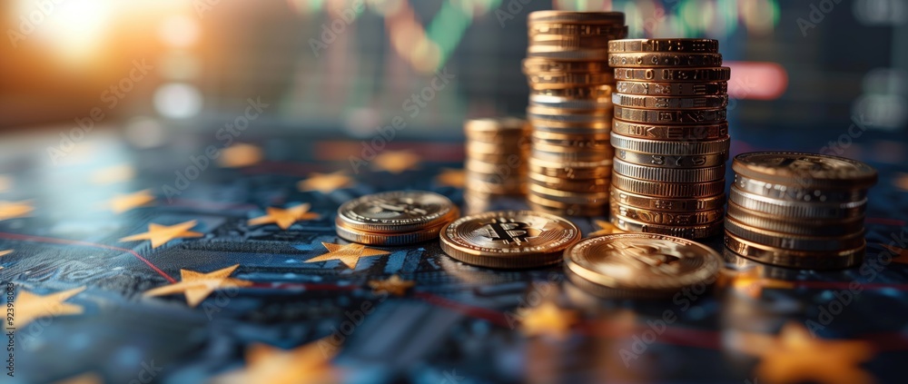 Poster stacks of coins with cryptocurrency symbols displayed on a financial chart background. concepts of d