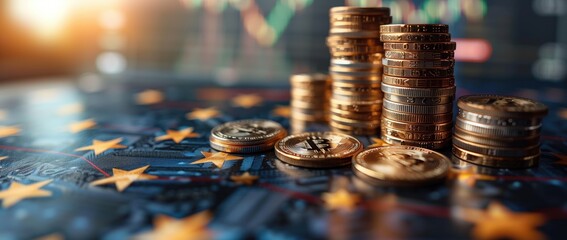 Stacks of coins with cryptocurrency symbols displayed on a financial chart background. Concepts of digital economy, investment opportunities, and market trends.