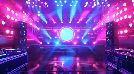 Concert stage with illuminated speakers and rotating lights