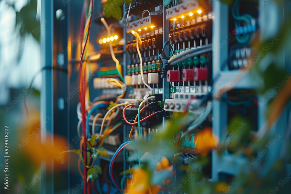 Aufkleber a close-up shot of an electrical panel with multiple wires and rail tech on the side, showcasing ind