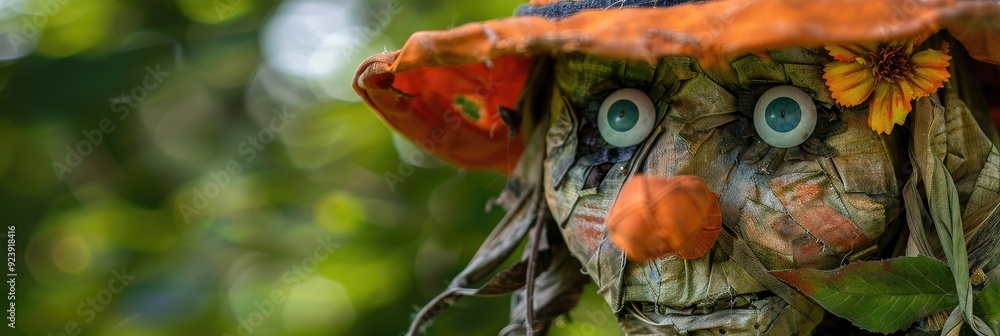 Canvas Prints Vertical portrait of a scarecrow in a garden with an orange hat.