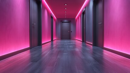 Modern corridor with vibrant pink and purple LED lighting, smooth dark flooring, and sleek wooden doors creating an elegant ambiance.