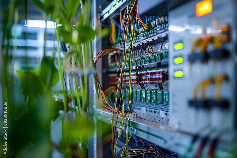 Aufkleber a close-up shot of an electrical panel with multiple wires and rail tech on the side, showcasing ind