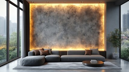 Modern living room with sleek furniture, large windows, and a decorative backlit wall panel, perfect for contemporary interiors, empty wall.