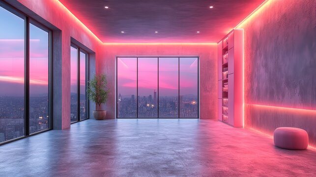 Modern empty room with large windows and pink neon lights, offering a panoramic city view at sunset.