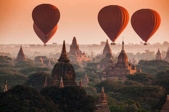 Balloon over plain of Bagan in misty morning, Myanmar