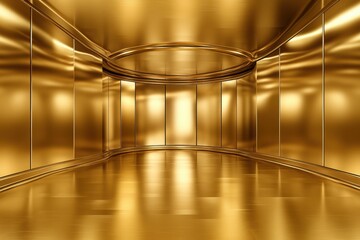 Golden shimmering symmetrical hallway with reflective surfaces